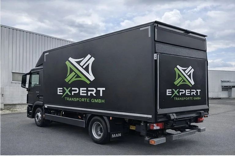 Schwarzer 12-Tonner-Koffer von Expert Transporte mit Logo und Ladebordwand am Heck