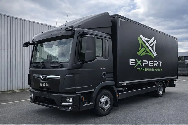 Schwarzer 12-Tonner von Expert Transporte mit Logo auf dem Koffer